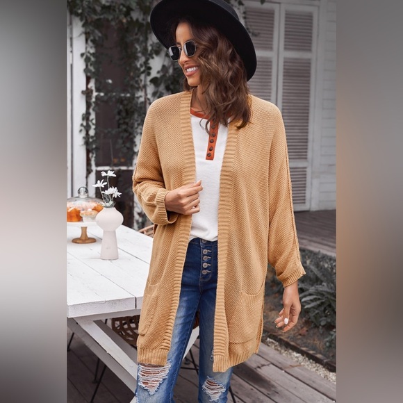 Exposed Seam Open Front Longline Cardigan with Pockets Mustard - Picture 2 of 4